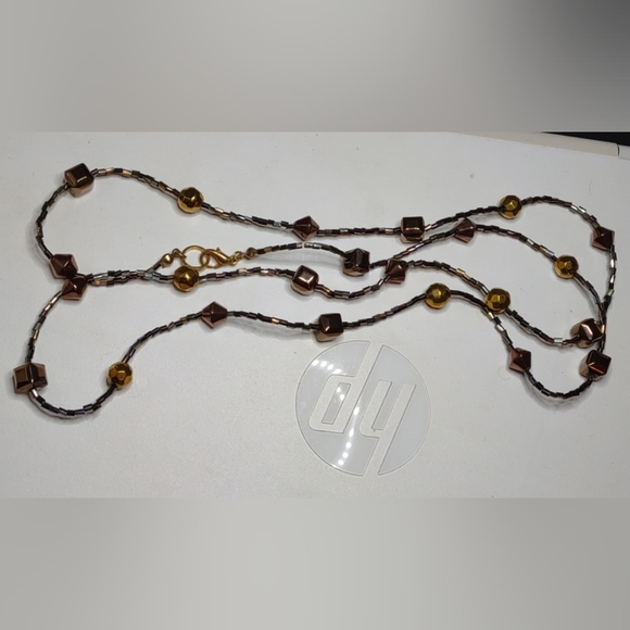 Copper Metallic Sparkling Faceted Square, Round, Cone Beaded 34" Necklace - Picture 3 of 6